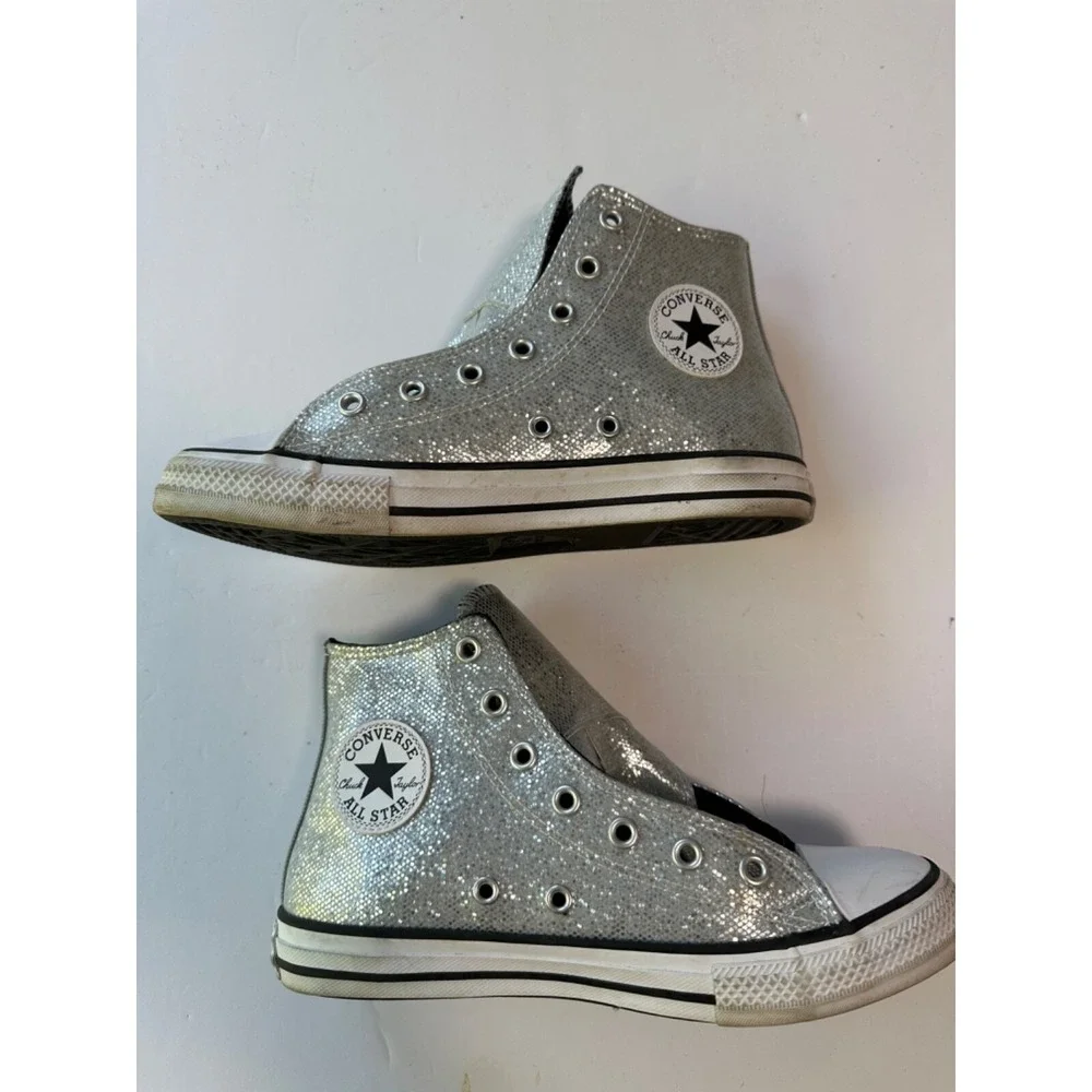 Sparkly Silver Converse All Star High Tops Chuck Taylors Youth Size 3 No Laces